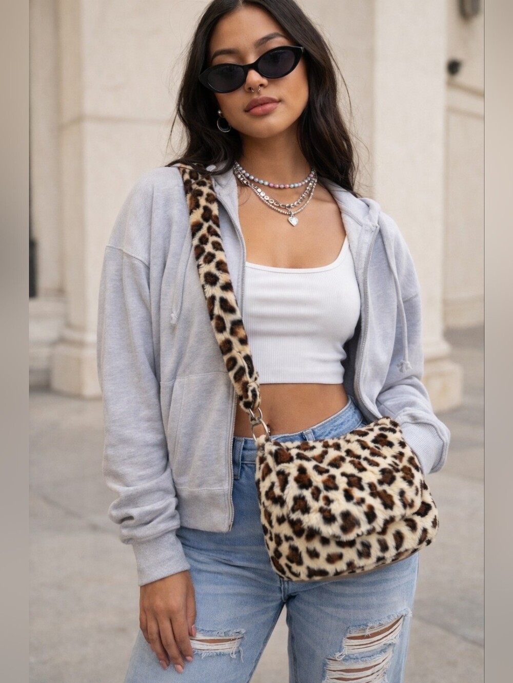 Gilda Paris Leopard Print Faux Fur Messenger/Crossbody Bag NWT